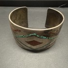 Vintage Navajo Sterling Silver Turquoise   Coral Wide Cuff Bracelet