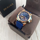 Bulova Marine Star A Automatic Blue Gold Dial Rubber Strap Men 98a227 Watch 45mm
