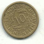 High Grade Au 1924 A German   Germany 10 Rentenpfennig-deutsches Reich-mar004