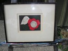 Kaoru Kawano 1916-1965 Japanese Mcm Block Print  Bird   Flower Pencil Signed