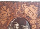 Vintage Pyrography Flemish Ware Burnt Wood Frame With Roses And Picture 1910s