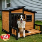 Whegeted Large Wood Dog House Insulated Outdoor Kennel Brown