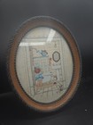 Vintage Framed Cross Stitch Girl Bathroom Scene Pedestal Sink Wood Frame Art