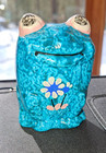 Rare Vintage Goggly Eyed Smiling Frog Toad Floral Pattern Blue Coin Bank