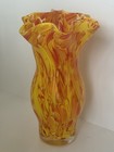 Vintage Murano Art Glass Vase Ruffled Edge Hourglass Yellow Orange Red 11    Tall