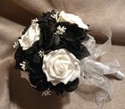 New Artificial Black white Roses Bride Wedding Round Clutch Bouquet W glitter