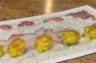 Set Of 6 Vintage 1 2  Clear Yellow Hex Glass Buttons   New old Stock  1920 s