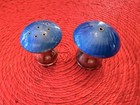 Ela Denmark Sterling Silver  925 Mushroom Salt   Pepper Shakers Blue Enamel Tops
