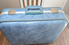 Vintage 1970s Blue Hardside Suitcase 19  Mid Century Retro Travel Luggage Prop
