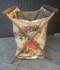 Vtg  Knitting Bag Folding Sewing Caddy Wood Handles With Orange Flowers