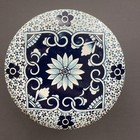 Vintage Daher 11101 Tea Tin England 5x 3 75  Medallion Floral Blue Navy White