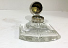 Vintage Glass Inkwell And Pen Rest W  Silver Plate Dome Round Lid Desk Accessory