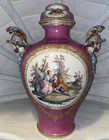 Large 19th C  German Porcelain Pink Ground Scenic Urn W  Figural Handles