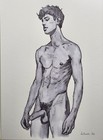 Original Ink Wash Drawing Of Nude Male