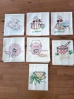 7 Vintage Embroidery Tea Towels Kitchen Dish Dutch Girl Kittens 1940-50 s