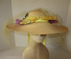 Vtg 60 s Wide Brim Natural Straw Hat Wveil Flowers Yellow Ribbon Bergdorf France