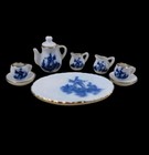 Vintage Hand Painted Delft Blue Miniature Gold Trim Tea Set Dollhouse Furniture 