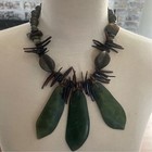 Vintage Les Bernard Jade And Shell Sratement Necklace Chic Green Brown Choker