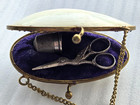 Antique Victorian Miniature Child Sewing Etui Sterling Stork Scissor Thimble Mop