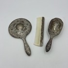 Vintage Silver Plated Vanity Set Hand Mirror  Brush And Comb Patina Heavy Read