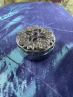 Vintage Pocket Size Silver-tone Metal Filigree Round Pill Box Purple Rhinestones