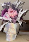 Iridescent Ceramic Skull Floral Centerpiece Pastels Pink Purple White