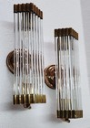 Pair Antique Vintage Art Deco Brass   Glass Rod Light Fixture Wall Sconces Lamp