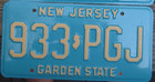 New Jersey Blue 1980s   License Plate   933 - Pgj