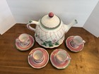 Vintage Italian Tea Pot   4 Demitasse Cups Set Hand Painted Flowers   Lattice