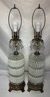 Vintage Pair Of Hollywood Regency Glass   Brass Table Lamps W  Prisms 30 5 h