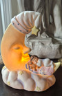 Vintage Porcelain Baby Sleeping On Man In The Moon Nursery Table Night Light