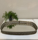 Vtg Gold Tone Floral Filigree Oval Framed Mirror Makeup Perfume Vanity Tray