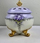 Antique Vtg Prussia Hand Painted Porcelain Potpourri Dresser Jar Violets Flowers