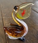 Murano Style Art Glass Pelican Brown Glass Pelican 3    Figurines With Red Fish