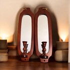 Vintage Pair Of Large Mcm Wooden Wall Sconce Candle Holders With Mirrors