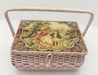 Vtg Sewing Basket Wicker Woven Full Of Supplies Tapestry French Country Cottage