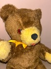 Vintage Stuffed Teddy Bear Red Eyes Yellow Scarf Hanger On Head 10  Setting 