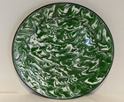4 Vintage Green White Swirl Graniteware Enamelware Dinner Plate Black Rim