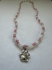 Handcrafted Pink White Glass Beaded Necklace Paw Charm Pendant Lobster Clasp