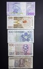 Lot Of 5 Belgium 100-2000 Franc Notes Circulated