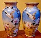 Antique Pair Large Japanese Satsuma Vases Depicts Geese   Blossoms Meiji Period