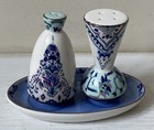 New Anthropologie Salt   Pepper Shakers White Blue Purple And Holder Tray