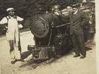 Vintage Photograph Men With Miniature Steam Locomotive And Engineer
