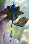 Blue Flower Leaf Brooch Wired W  Glass Beads Handmade Dainty Opalescent Unique