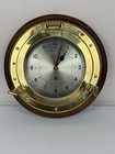 Ship   s Clock Porthole Look Brass   Oak 13 5 Inch Working Nautical
