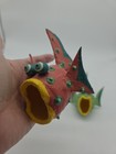 Two Funky Whimsical Bright Colors Hand Painted Paper Mache Tropical Fish Hanging