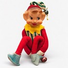 Vintage Christmas Knee Hugger Elf Pixie Doll Red Felt Striped Jingle Bells