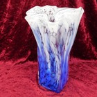 Vtg Hand Blown Glass Vase  Blue   White Ruffled Handkerchief Vase 8 5 