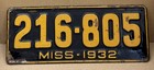 Rare 1932 Mississippi-1932 License Plate Embossed Black gold Ms Tag 216-805
