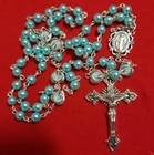 Christian Catholic Rosary Necklace Blue   Cross Crucifix  Silver Plated 